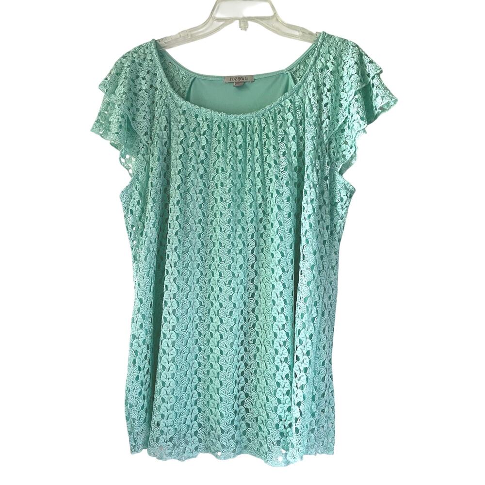Roz & Ali Crochet Lace Top Mint Green Lined Feminine Stretch Work Travel Beach